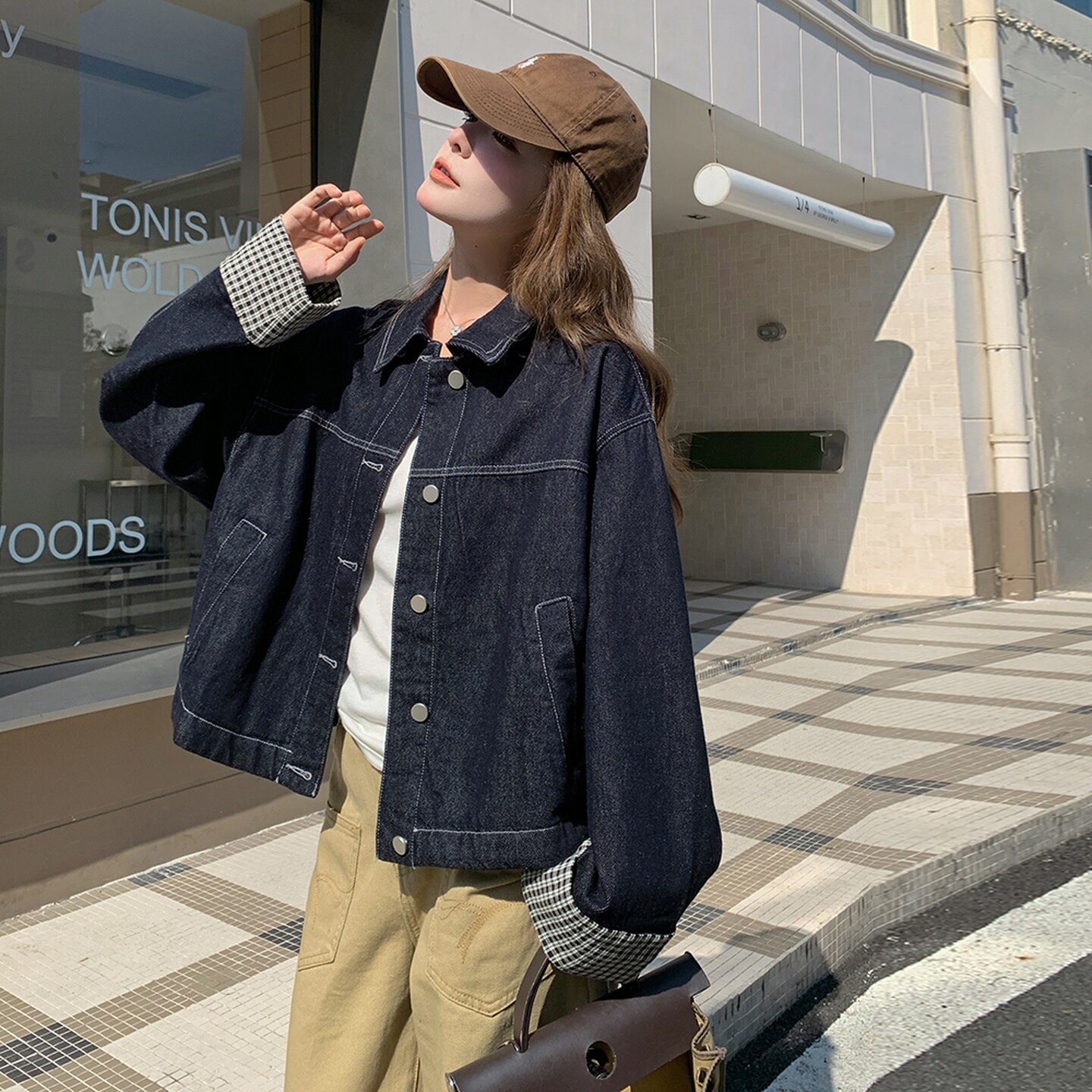 牛仔外套格子撞色翻袖2C016-501-P155-K228,女装短外套,2C016