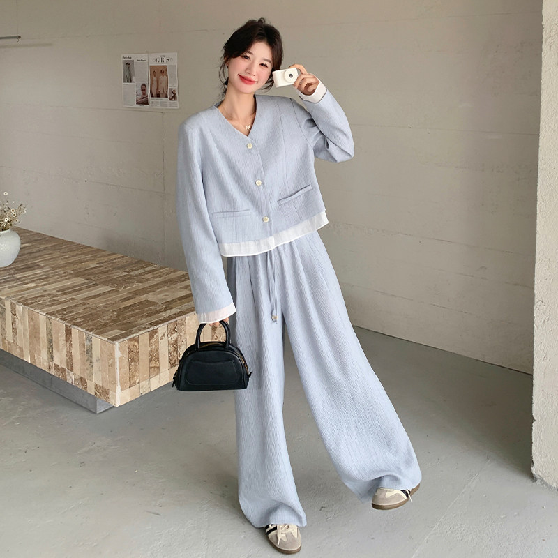 现货！2026秋装白色拼接蓝色休闲套装2C056-6887-P165控228,女装套装/套裙,2C056
