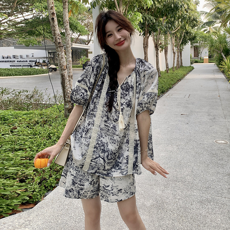 蕾丝拼接水墨画短裤套装女夏2025新款新中式国风超好看减龄两件套,女装套装/套裙,2D044