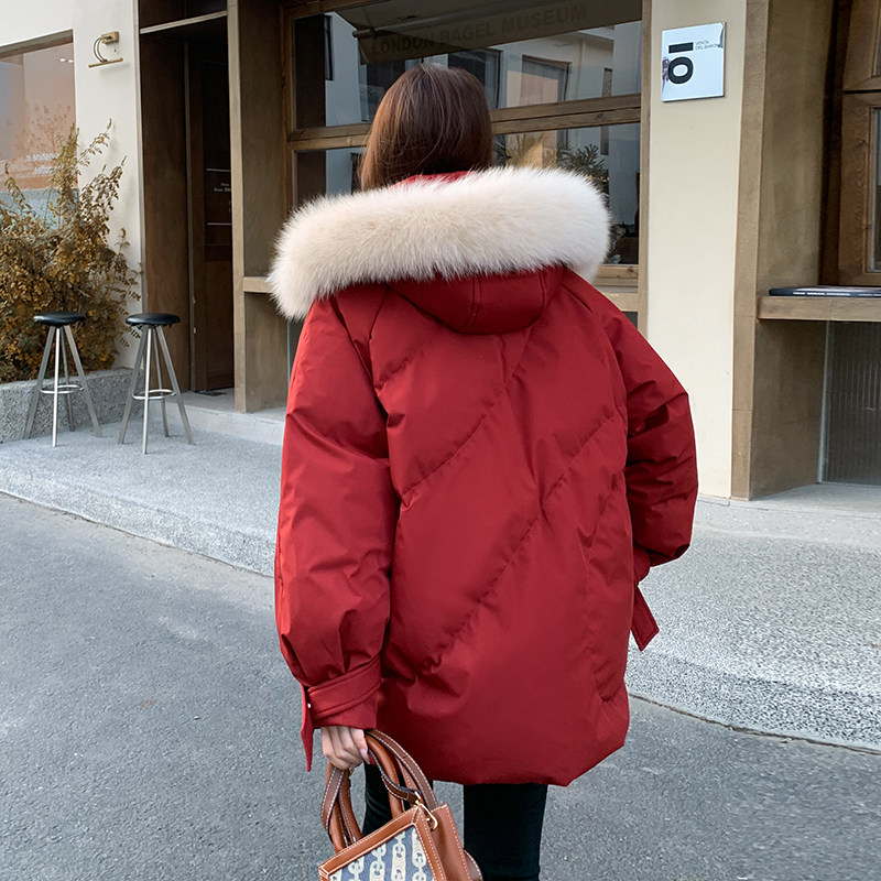 新年红色大毛领羽绒服女2025冬季新款韩系小个子洋气显白连帽外套,女装羽绒服,2C177