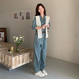 新品蕾丝花边披肩拼接韩系牛仔连体阔腿裤5856-P155-K228，女装连体裤，2C159