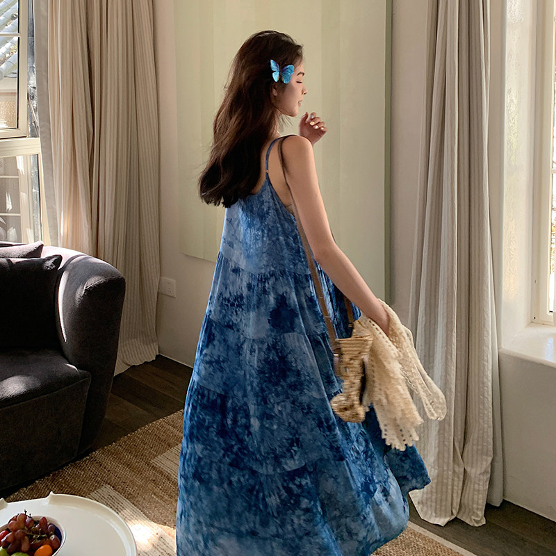 海边度假风吊带连衣裙套装女2025夏季新款时尚气质拼色罩衫两件套,女装连衣裙,2C177