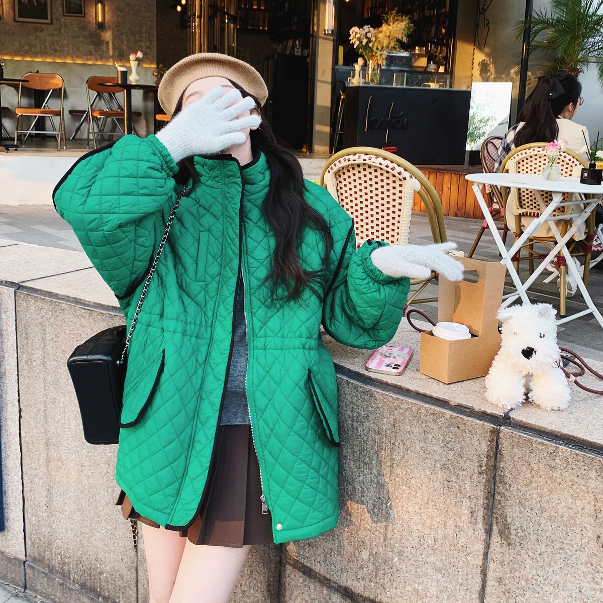 超好看绿色菱格羽绒棉服女冬季新款设计感小众抽绳显瘦小个子外套,女装棉衣/棉服,2C137