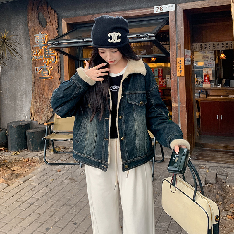 港风复古仿水貂毛牛仔外套女冬季2024新款超好看加绒加厚夹克棉服,女装棉衣/棉服,2C233