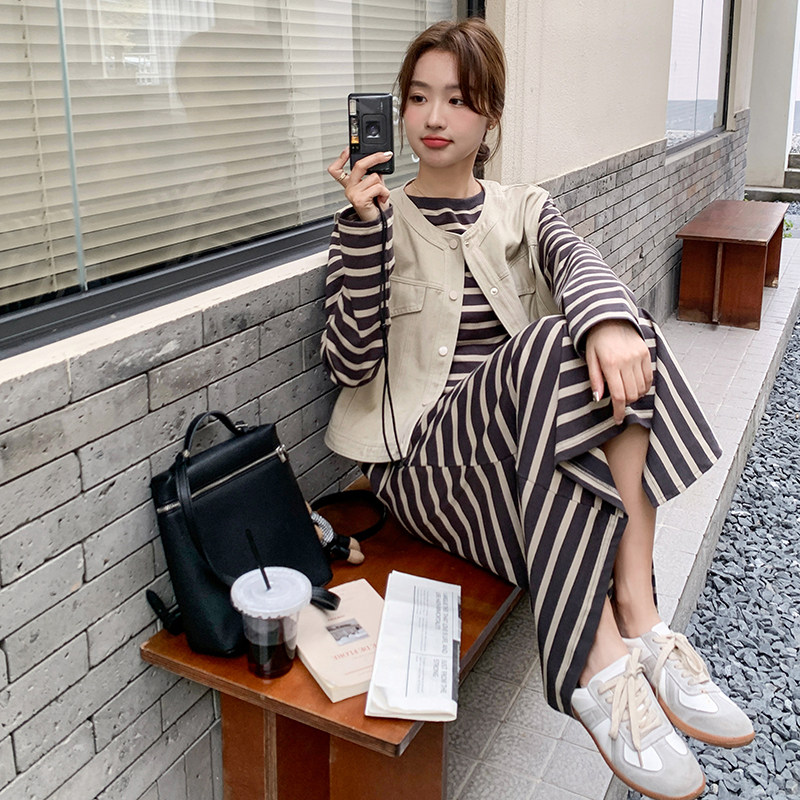 慵懒风休闲长袖条纹连衣裙马甲套装女2025年春季新款高级感两件套,女装套装/套裙,2C203