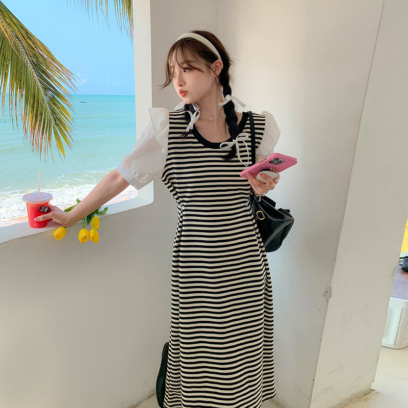 新款2C0106310P105K158长款撞色条纹气质显瘦连衣裙,女装连衣裙,2C010