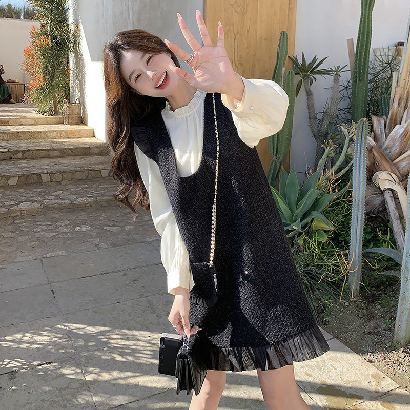粗花呢木耳边法式气质女2025宽松春秋现货两件套感背心裙长袖图片