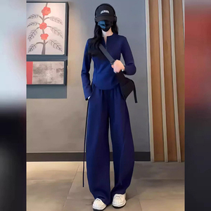 休闲运动套装女早秋新款韩版时尚洋气修身立领上衣阔腿长裤两件套图片