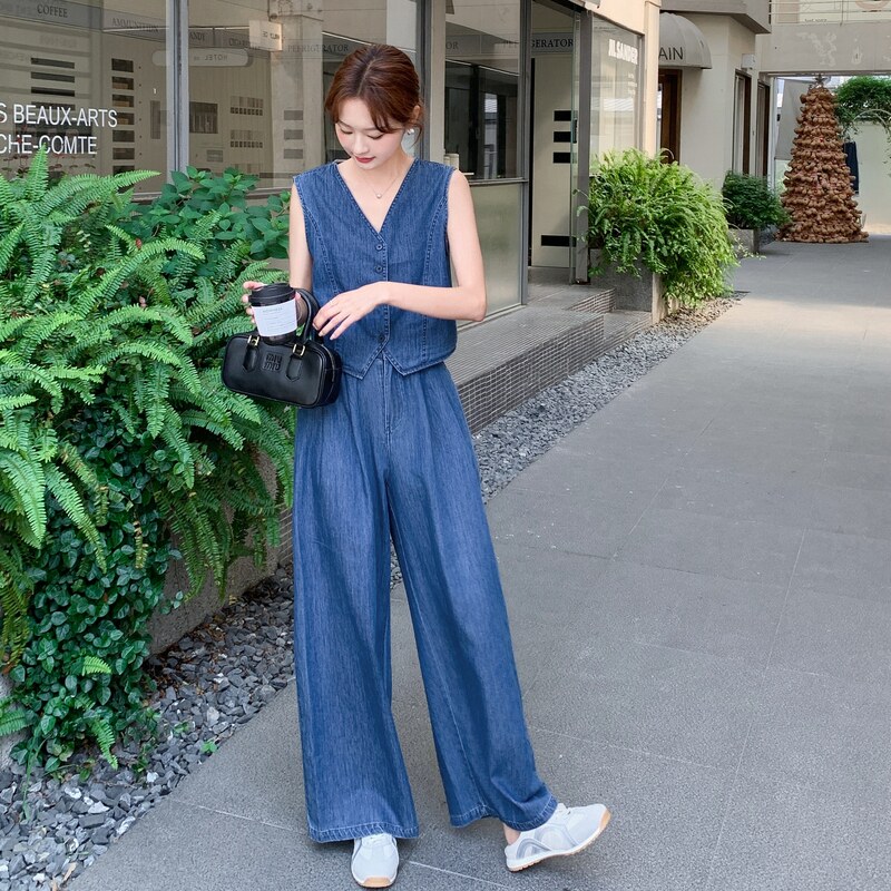 深蓝色港风无袖牛仔马甲套装女2025夏新款高级感气质阔腿裤两件套,女装套装/套裙,2C159