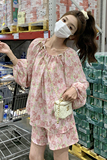 法式茶歇碎花灯笼袖上衣套装女2025夏季新款显瘦阔腿短裤子两件套，女装套装/套裙，2D044