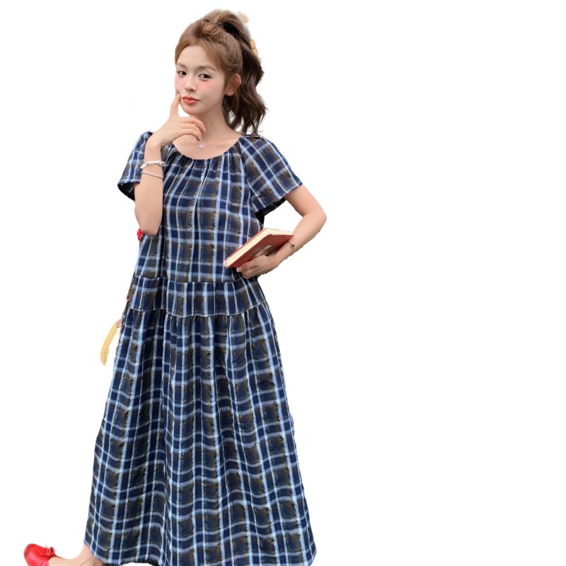 【新款有现货】法式复古格子连衣裙长裙2C327-8809-P150控208,女装连衣裙,2C327