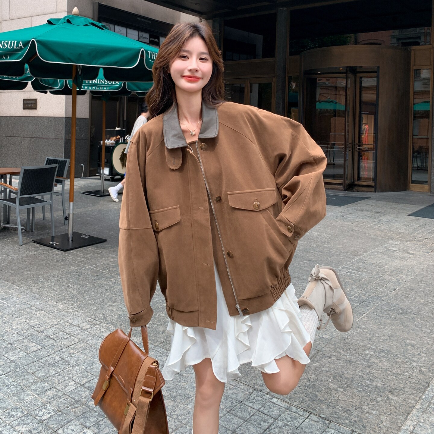 甜美时髦复古麂皮绒外套女2025秋季拼接PU皮撞色翻领炸街休闲夹克,女装短外套,2C375
