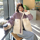 撞色羊羔毛拼接羽绒服女冬季新款韩系小个子保暖90白鸭绒面包服，女装羽绒服，2B222