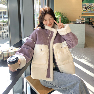 撞色羊羔毛拼接羽绒服女冬季新款韩系小个子保暖90白鸭绒面包服图片