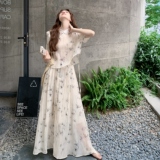 轻风淡雅印花温柔风套装裙女2025夏新款旗袍领上衣半身裙两件套，女装套装/套裙，2C159