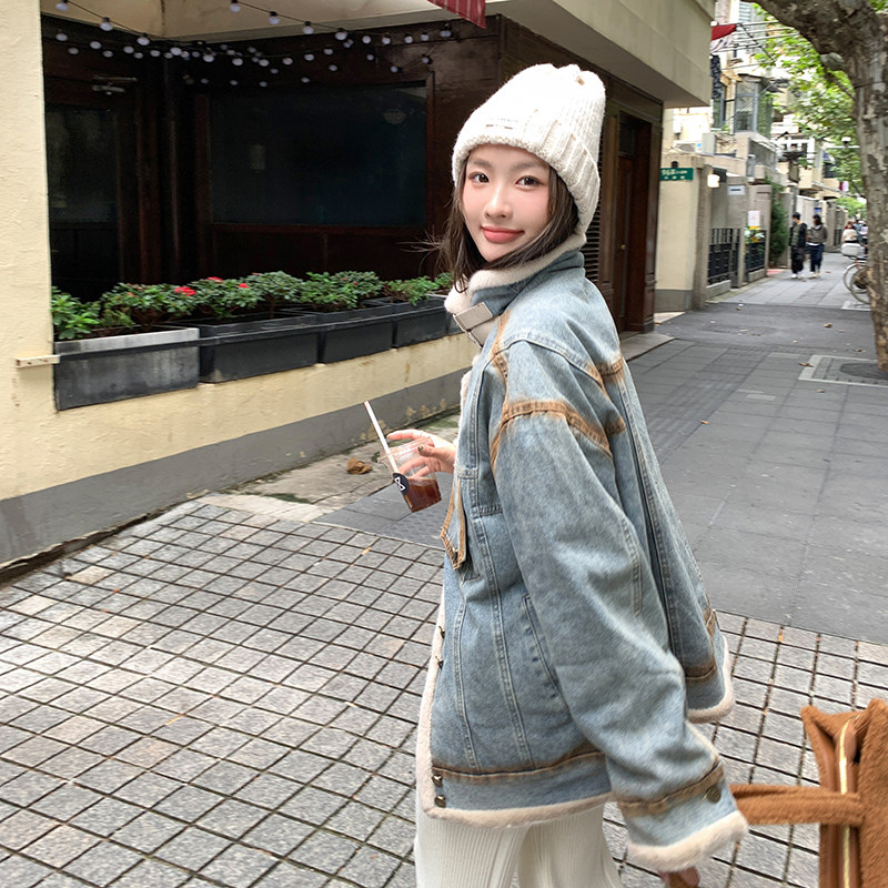 【】羊羔毛加绒牛仔衣女秋冬宽松加厚短外套3075-P195-K268,女装短外套,2C166
