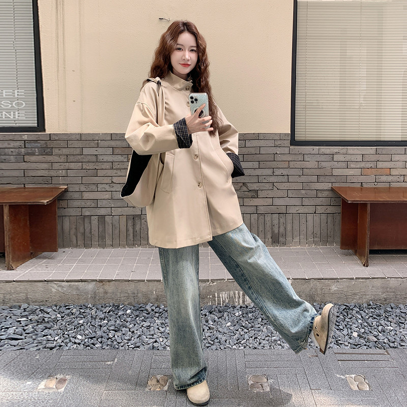 卡其色格子拼接风衣外套女2025秋季新款韩版今年流行气质时尚大衣,女装风衣,2C115