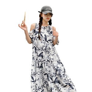 国风水墨画露肩T恤连衣裙女装2024新款夏季时尚设计感收腰长裙子图片