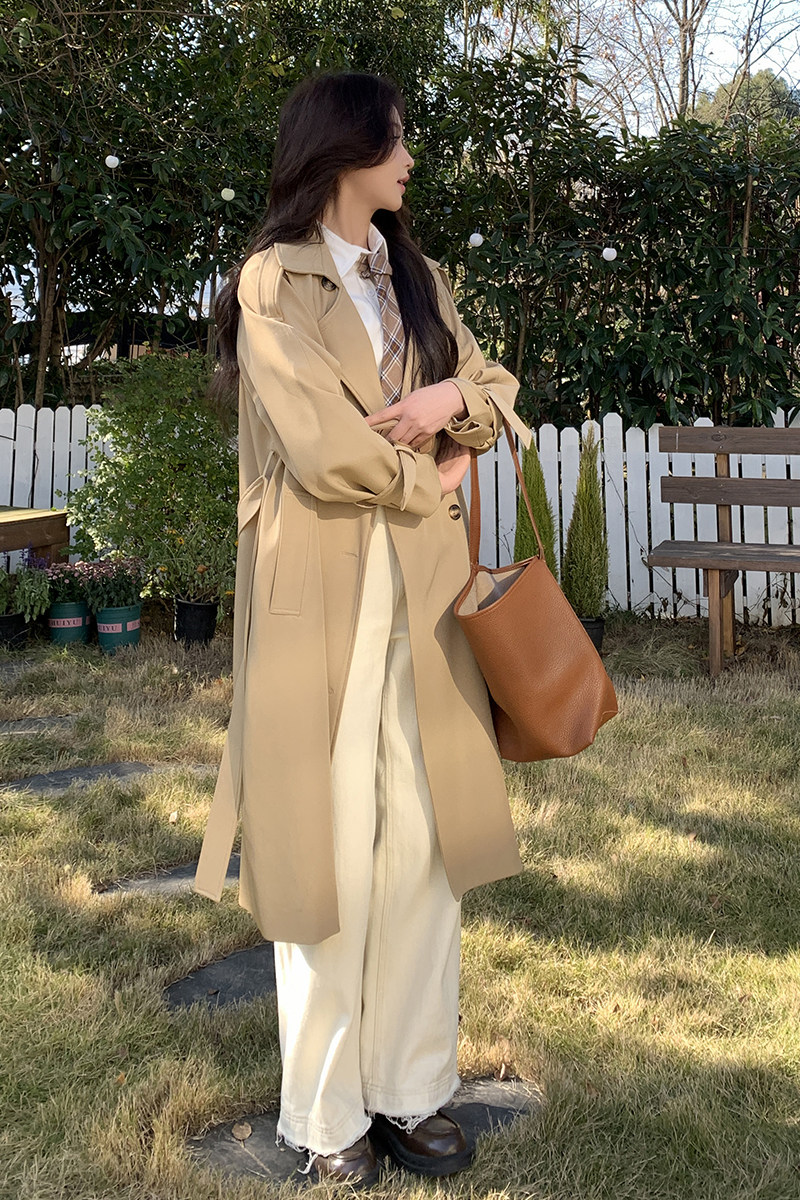 慵懒风卡其色风衣外套女秋季2025新款高级感百搭中长款简约大衣潮,女装风衣,2C291