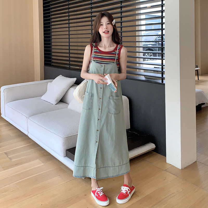 彩色条纹背心T恤牛仔背带裙女夏季宽松休闲无袖连衣裙两件套,女装连衣裙,2C166