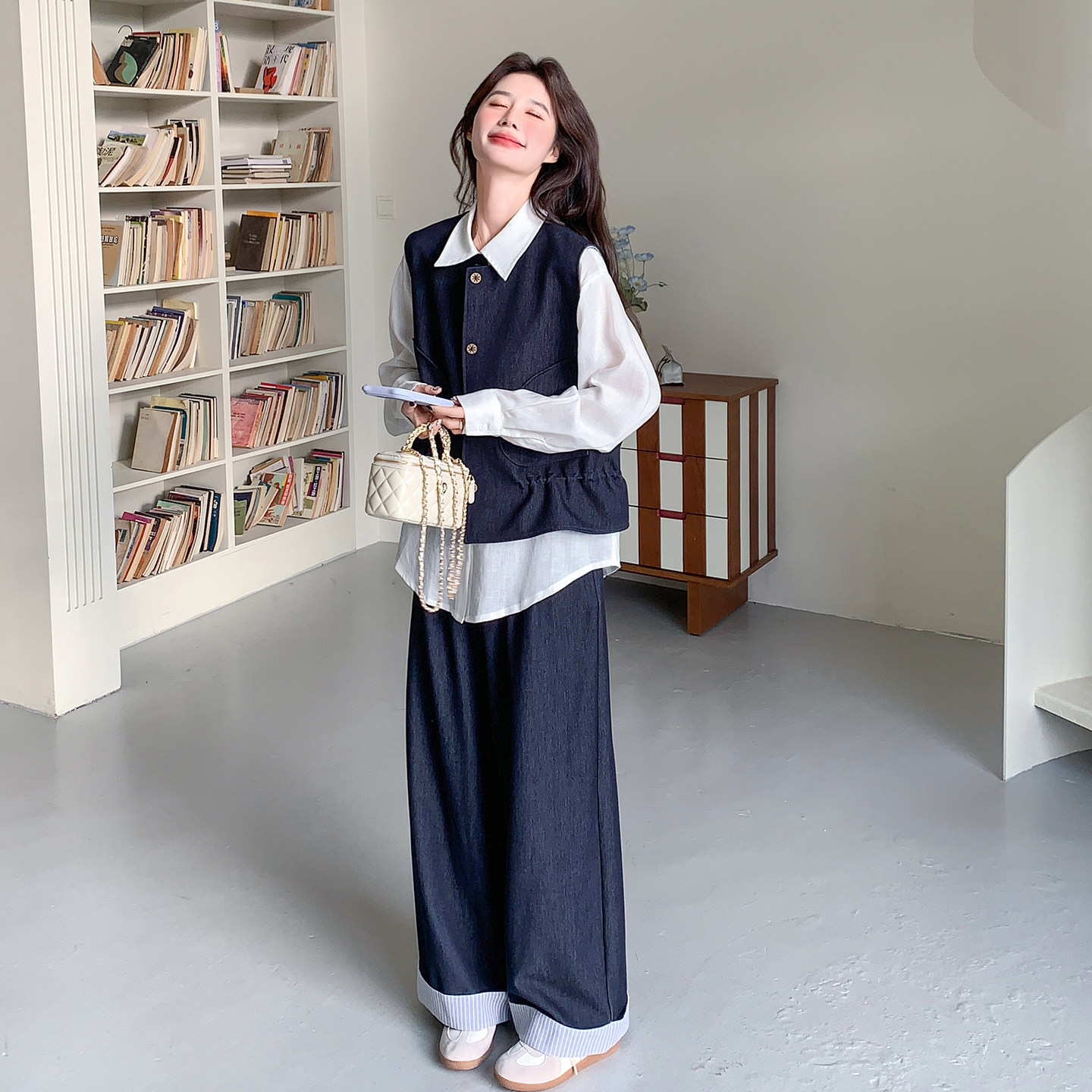 【现货】新款图下摆抽绳牛仔马甲+长裤两件套1215-P185-K298,女装套装/套裙,2C301