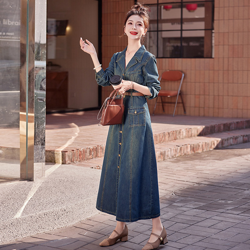 （新款现货）2025春装时尚西装领显瘦长款牛仔连衣裙（配腰带）,女装连衣裙,1D060