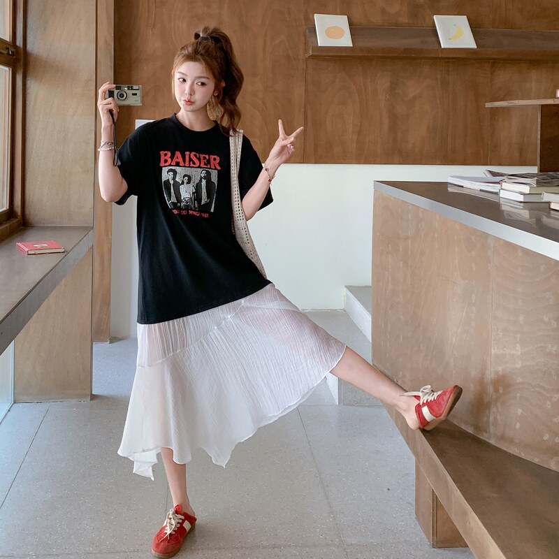 甜美休闲网纱拼接黑色T恤连衣裙女夏2025新款今年流行爆款长裙子,女装连衣裙,2C115