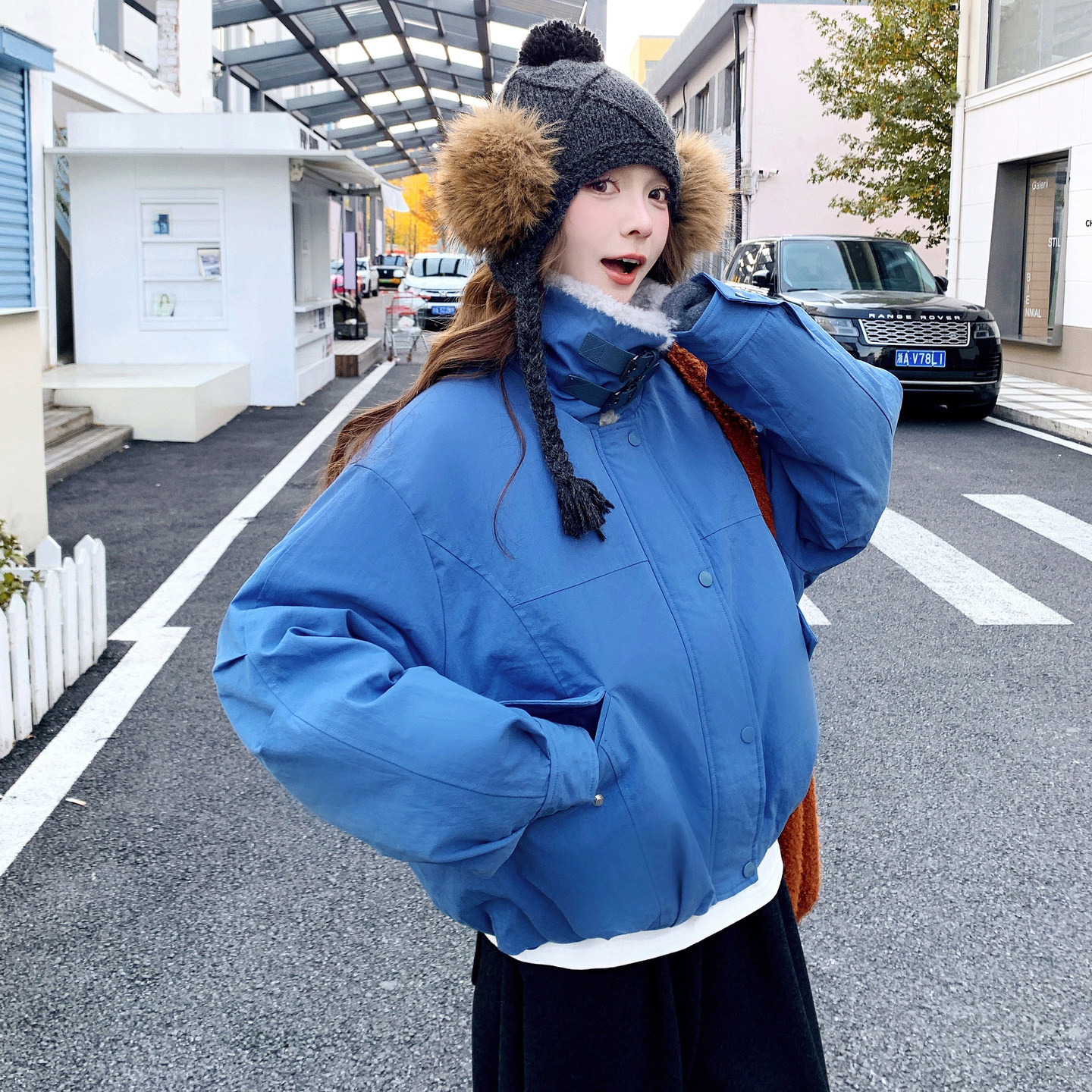 蓝色韩系羊羔毛领工装羽绒服女2025冬新款宽松保暖90白鸭绒外套,女装羽绒服,2D008