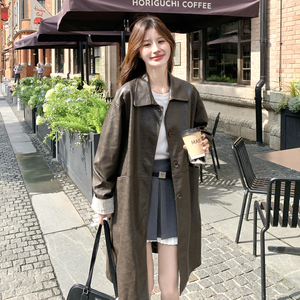条纹拼接绿棕色皮衣外套女春秋2025新款中长款气质机车服PU皮夹克图片