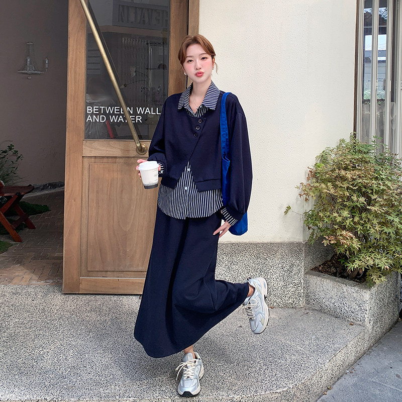 藏青色设计感条纹撞色卫衣半身裙套装两件套女秋新款慵懒风松弛感,女装套装/套裙,1D066-1