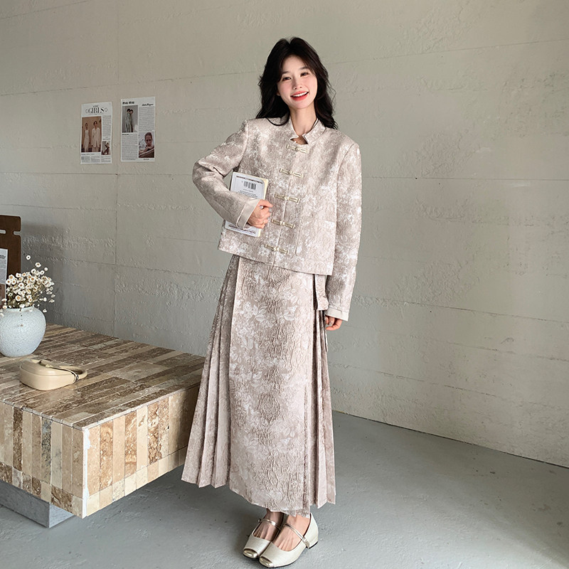 杏色新中式两件套装女春季高级感黑色提花国风上衣高腰半身裙子,女装套装/套裙,2C009