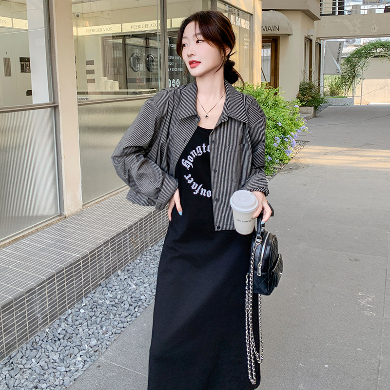 韩系复古条纹上衣外套套装黑色背心裙针织两件套,女装套装/套裙,2C166