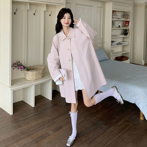 巨好看韩系中长款粉色风衣外套女秋2025新款高级感单排扣工装大衣图片