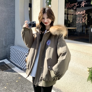 美式工装风毛领派克服女冬季保暖连帽外套军绿色加厚高级感羽绒服图片