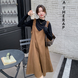 韩系chic咖色麂皮绒背带连衣裙叠穿打底衫女春秋独特漂亮长裙套装，女装套装/套裙，2C113