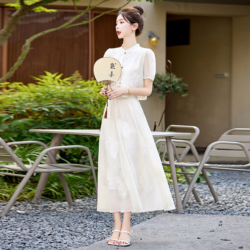 新中式改良旗袍国风套装连衣裙女2023夏季新款汉服设计感白色裙子,女装套装/套裙,奕可儿