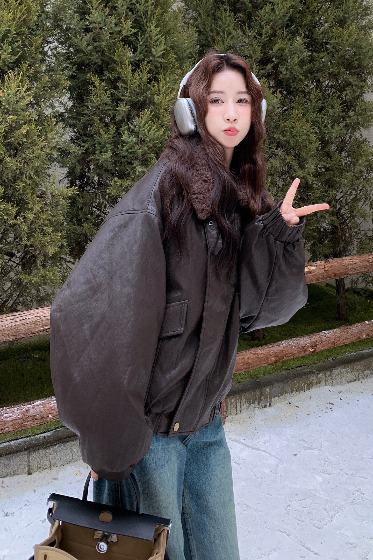 棕色羊羔毛领pu皮羽绒服外套女秋冬2025新款短款机车服夹克上衣,女装羽绒服,2C321