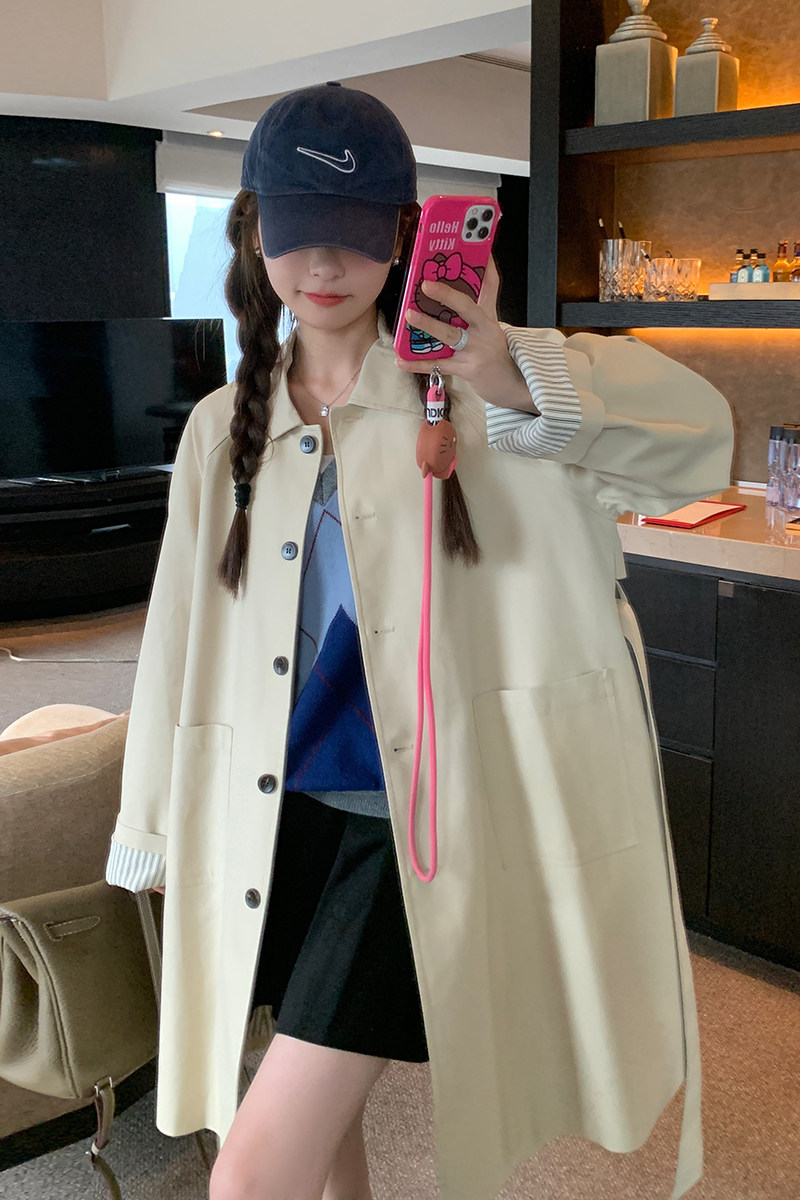 卡其色中长款风衣外套女2024年春秋新款今年流行小个子英伦风大衣,女装风衣,2C299