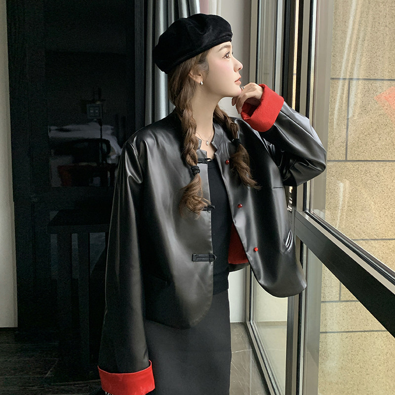 黑色高级感短款皮衣外套女2025春秋新款新中式国风小个子PU皮夹克,女装皮衣,2C098