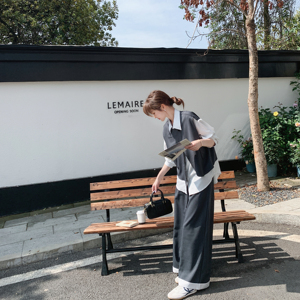 深灰色假两件拼接衬衫穿搭女2025秋季高级感时尚休闲阔腿裤一整套图片