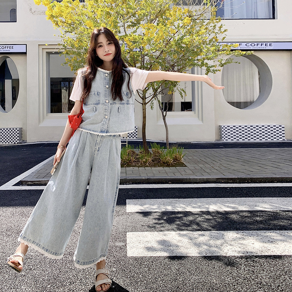 蕾丝花边拼接牛仔马甲套装女2025夏季港风复古小个子阔腿裤两件套,女装套装/套裙,2C159