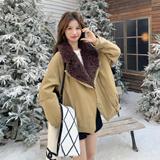 韩系毛绒拼接派克羽绒服女冬卡其色保暖加厚大翻领宽松白鸭绒外套，女装派克服，2C166