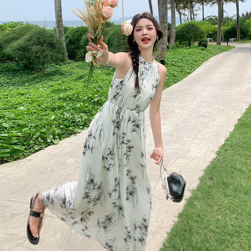 海边度假风背心裙子夏季2024新款女新中式国风无袖挂脖印花连衣裙,女装连衣裙,2C177