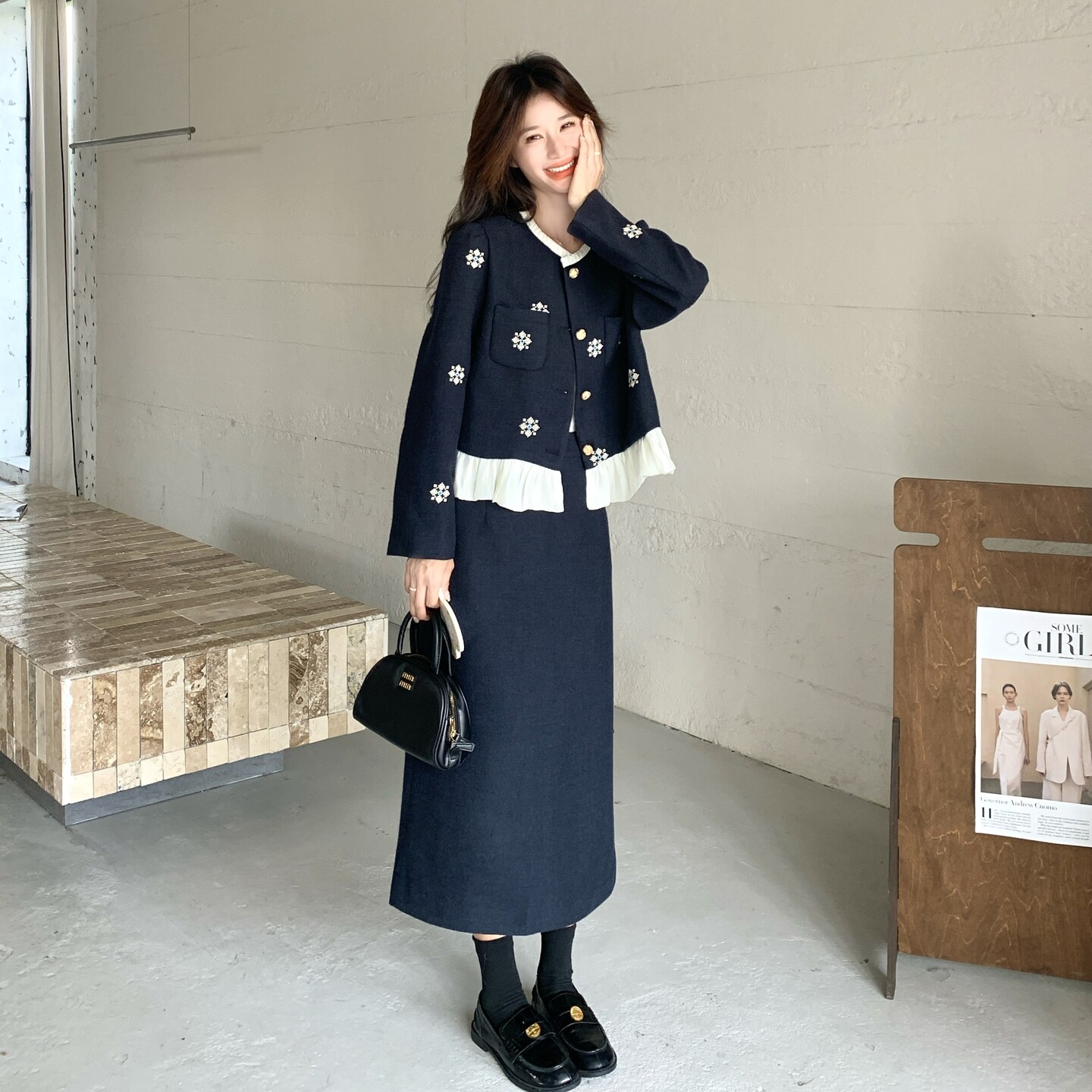 法式小香风刺绣花外套装裙女2026秋新款小个子高级感半身裙两件套图片
