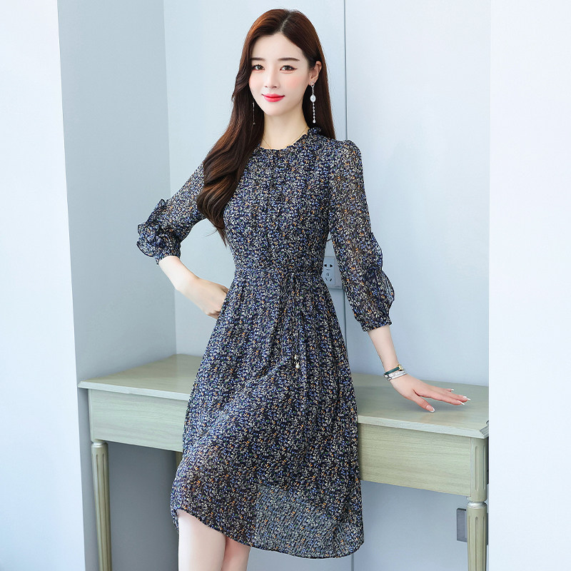 2025新款春装高档减龄气质雪纺碎花收腰中长款连衣裙,女装连衣裙,丽莎妳雅