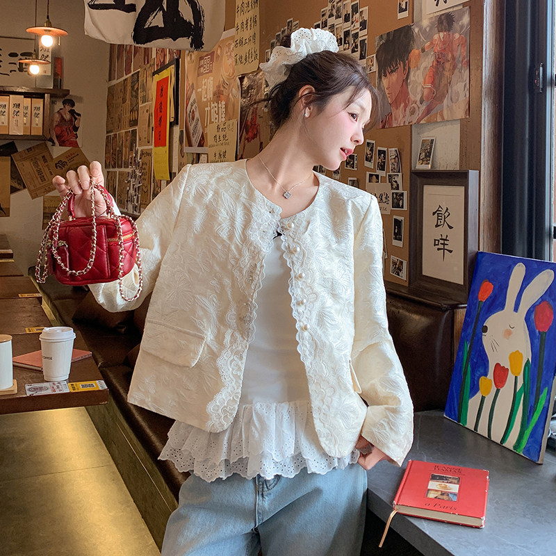 现货25春装新款小香风蕾丝拼接外套气质淑女百搭外套女,女装短外套,衣珂纱朗