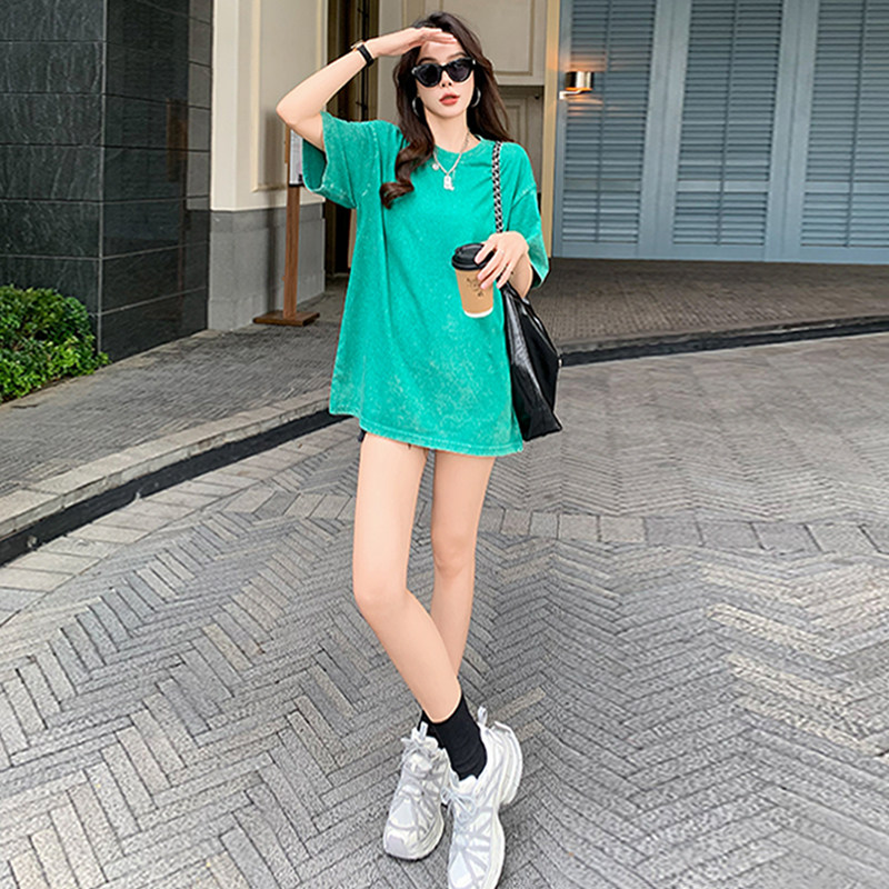 女夏季新款简约宽松圆领百搭纯色短袖T恤设计感时尚休闲运动上衣图片