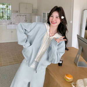 【档口现货】时尚拼接蕾丝连卫衣休闲裤套装女 525-P185-K278图片