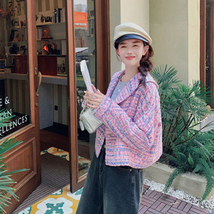 减龄紫色小香风外套女2025春秋季新款韩系减龄显瘦短款娃娃领上衣图片
