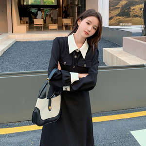 法式假黑色小香风长袖连衣裙女2024春秋新款穿搭显瘦长裙子图片